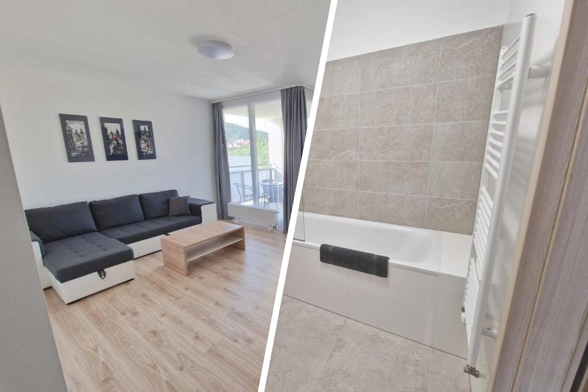 Apartmán 03 — obývačka a kúpeľňa