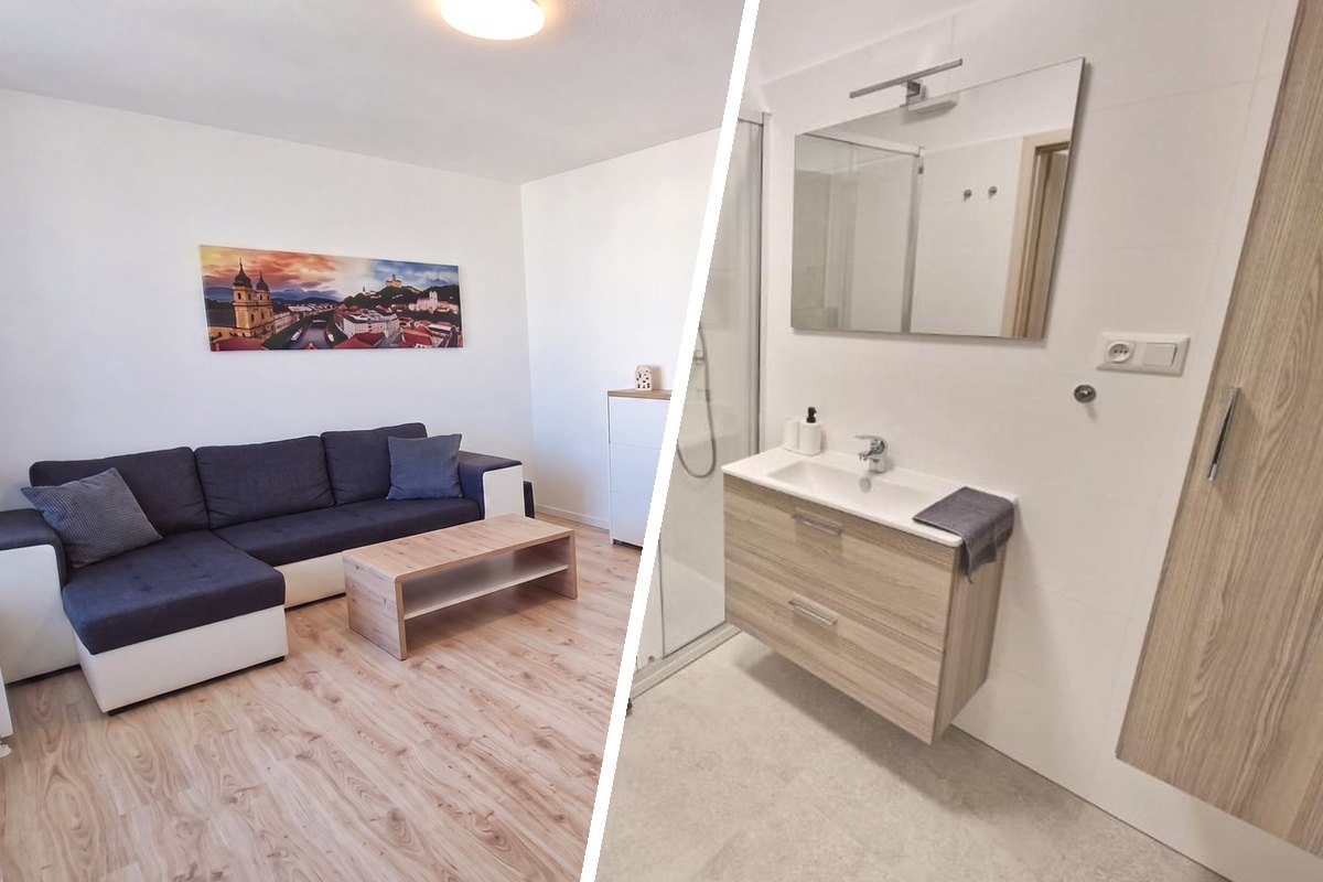 Apartmán 09 — obývačka a kúpeľňa